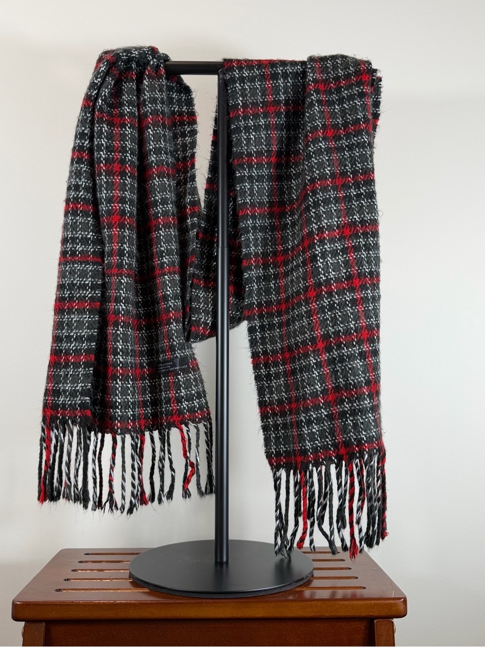 Cozy Plaid Fringe Cashmere Scarf in Black, Gray & Red Length 72